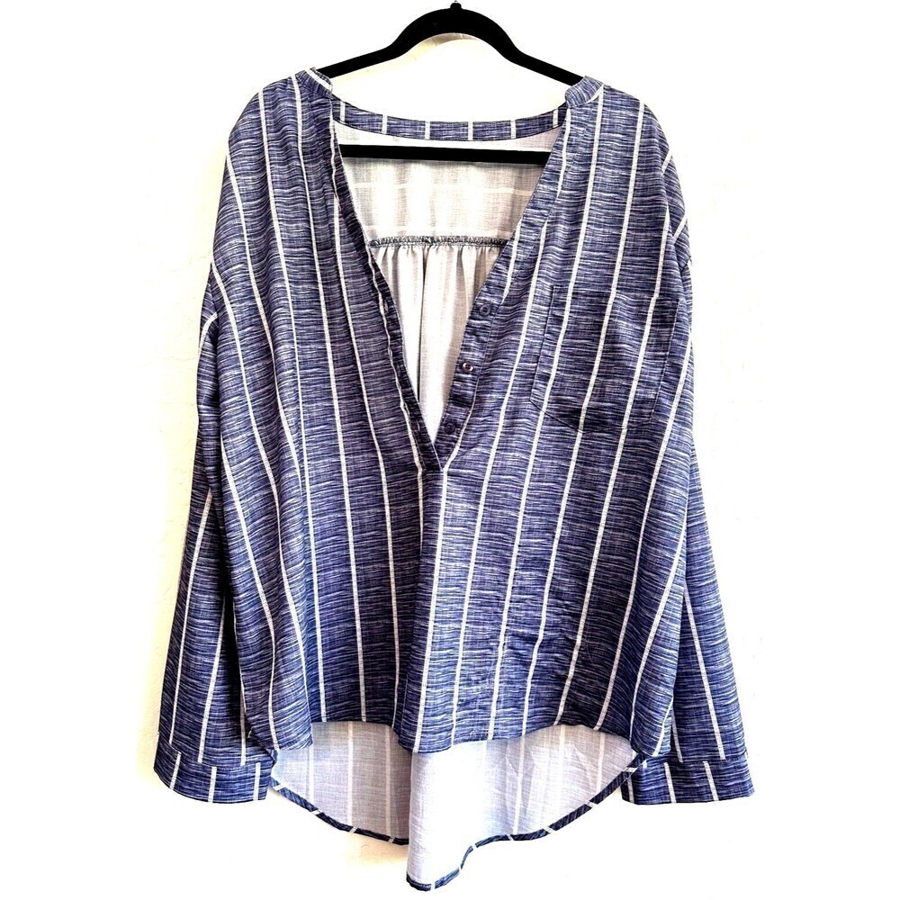 Unbranded Striped V-Neck High-Low Long Sleeve Top Womens Size 2XL‎ Blue